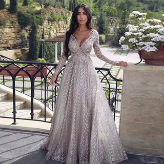 Luxury Dubai Long Sleeve Evening Dress: Elegant V-Neck, Crystal Accent, Arabic Gray Formal Dress for Women at Wedding Parties