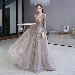 Luxury Dubai Long Sleeve Evening Dress: Elegant V-Neck, Crystal Accent, Arabic Gray Formal Dress for Women at Wedding Parties