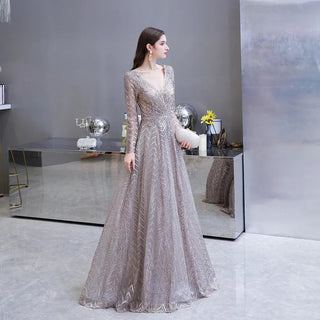 Luxury Dubai Long Sleeve Evening Dress: Elegant V-Neck, Crystal Accent, Arabic Gray Formal Dress for Women at Wedding Parties