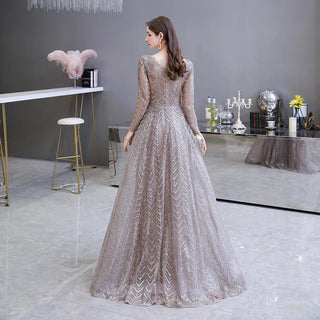 Luxury Dubai Long Sleeve Evening Dress: Elegant V-Neck, Crystal Accent, Arabic Gray Formal Dress for Women at Wedding Parties