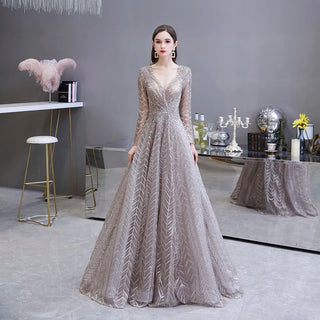 Luxury Dubai Long Sleeve Evening Dress: Elegant V-Neck, Crystal Accent, Arabic Gray Formal Dress for Women at Wedding Parties