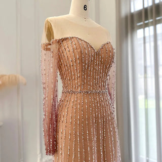 Luxury Dubai Mermaid Evening Dress for Wedding 2024: Elegant Long Sleeve, See-Through Details for Arabic Formal Party Gown