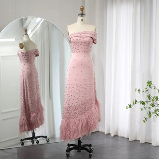 Luxury Dubai Pink Mermaid Evening Dress with Feathers: Perfect for Women's Sage Green Wedding and One-Shoulder Arabic Party Gowns (2024)