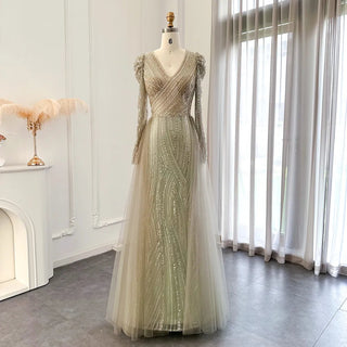 Luxury Dubai Sage Green Evening Dresses with Overskirt and Arabic-Inspired Long Sleeves: Ideal for Women's Wedding Party and Formal Attire (2024)