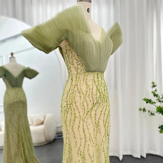 Luxury Dubai Sage Green Mermaid Evening Dresses: Elegant Off-Shoulder Style for Arabic Women's Wedding and Formal Party Gowns