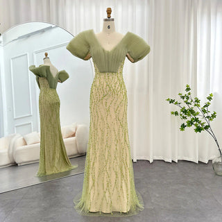 Luxury Dubai Sage Green Mermaid Evening Dresses: Elegant Off-Shoulder Style for Arabic Women's Wedding and Formal Party Gowns