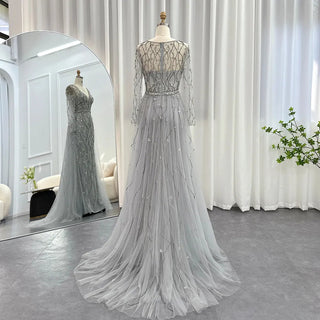 Luxury Dubai Silver Gray Evening Dress: Arabic Formal Party Gowns with Overskirt and Long Sleeves for Women at Weddings