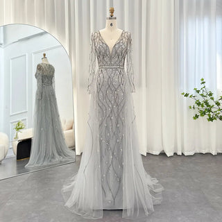 Luxury Dubai Silver Gray Evening Dress: Arabic Formal Party Gowns with Overskirt and Long Sleeves for Women at Weddings