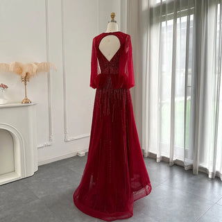 Luxury Dubai Silver Nude Evening Dresses with Cape Sleeves: Elegant Burgundy Women's Wedding Party Gown