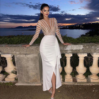 Luxury Dubai White Mermaid Arabic Evening Dress: Long Sleeve, Midi-Length for Women at Wedding Parties and Formal Proms