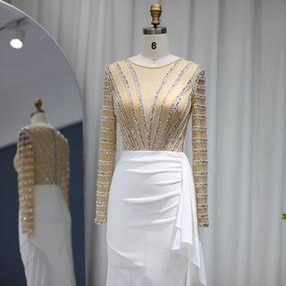 Luxury Dubai White Mermaid Arabic Evening Dress: Long Sleeve, Midi-Length for Women at Wedding Parties and Formal Proms