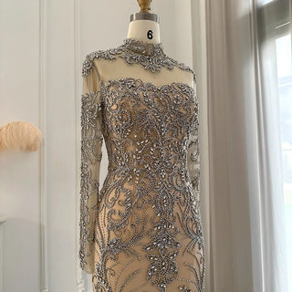 Luxury Dubai Women's Evening Dress: Elegant Long Sleeve Crystal Mermaid Style - Perfect for African Proms and Wedding Parties