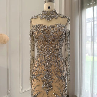 Luxury Dubai Women's Evening Dress: Elegant Long Sleeve Crystal Mermaid Style - Perfect for African Proms and Wedding Parties