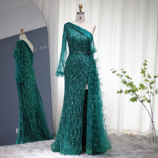 Luxury Feathers Dubai Sage Green Evening Dress Overskirt Pink One Shoulder Prom Dress for Women Wedding Party