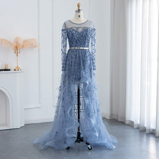 Luxury Gold Feathers High Low Evening Dresses for Wedding Party: Blue Short Front, Long Back Homecoming Dress