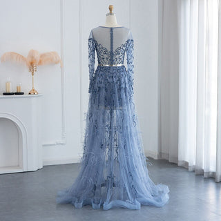 Luxury Gold Feathers High Low Evening Dresses for Wedding Party: Blue Short Front, Long Back Homecoming Dress