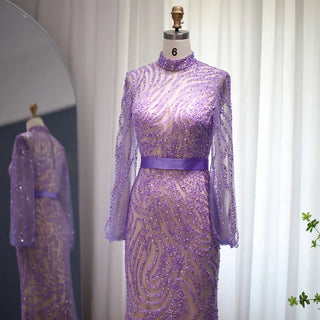 Luxury Lilac Dubai Mermaid Evening Dress: Elegant Long Sleeve Muslim Formal Dress for Women's Wedding Party