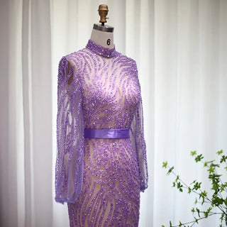 Luxury Lilac Dubai Mermaid Evening Dress: Elegant Long Sleeve Muslim Formal Dress for Women's Wedding Party