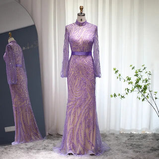 Luxury Lilac Dubai Mermaid Evening Dress: Elegant Long Sleeve Muslim Formal Dress for Women's Wedding Party