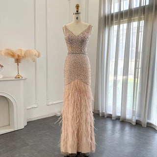 Luxury Nude Pink Mermaid Evening Dresses with Feathers: Elegant Long Beaded Prom Formal Dress for Women's Wedding Party