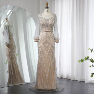 Luxury Silver Nude Mermaid Arabic Evening Dress: Elegance in Long Sleeves for Dubai Women's Wedding Formal Party Gowns