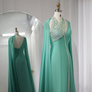 Luxury Turquoise Green Chiffon Dubai Evening Dress with Beaded Cape Sleeves: Perfect for Arabic Women's Wedding Party Gowns