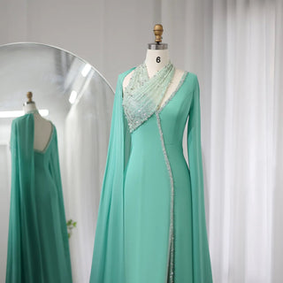 Luxury Turquoise Green Chiffon Dubai Evening Dress with Beaded Cape Sleeves: Perfect for Arabic Women's Wedding Party Gowns