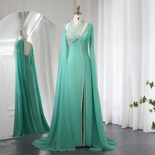 Luxury Turquoise Green Chiffon Dubai Evening Dress with Beaded Cape Sleeves: Perfect for Arabic Women's Wedding Party Gowns