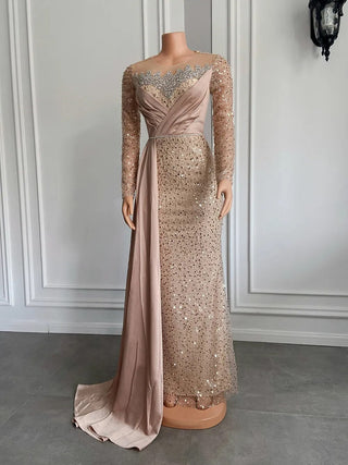 Mermaid Elegance: Long Evening Dress 2024 with Sheer Long Sleeves and Luxury Beaded Sequins