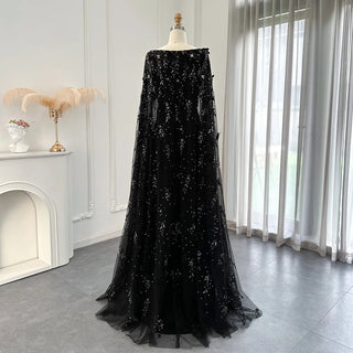 Midnight Blossom: Black Satin Arabic Gown with 3D Flowers and Elegant Mermaid Cape for Formal Events.