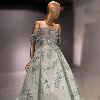 Mint Mirage: Dubai Elegance Off-Shoulder Engagement Gown