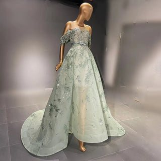 Mint Mirage: Dubai Elegance Off-Shoulder Engagement Gown