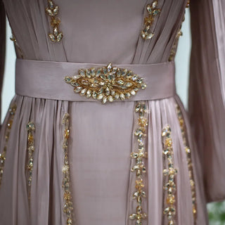 Moroccan Majesty: Rose Gold Kaftan Evening Dress with Long Sleeves - Dubai-Inspired Elegance for Muslim Weddings, Engagements, and Formal Affairs.