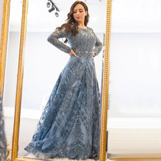 Navy Blue Long Sleeve Dubai Evening Dress: Moroccan Kaftan Elegance for Muslim Women, Arabic Formal Dresses, Plus Size Long Prom Party Gown