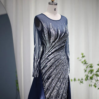 Navy Blue Satin Elegance: 2024 Mermaid Arabic Evening Gown with Luxurious Dubai-Inspired Overskirt - A Timeless Selection for Weddings and Formal Guest Parties.