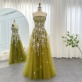 Olive Green Luxury Dubai Evening Dresses: Elegant Strapless Styles for Women's Weddings, Parties, and Arabic Formal Prom Gowns