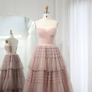 Pink Dreams: Tiered Puffy Evening Dresses with a 2024 Twist, Featuring Sexy Spaghetti Straps and a Lace-Up Back – Ideal for Long Women's Wedding Party Gowns.