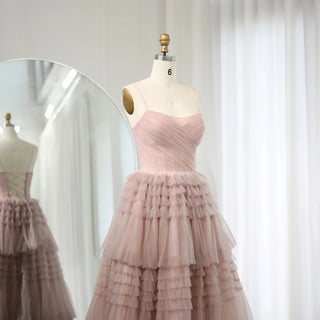 Pink Dreams: Tiered Puffy Evening Dresses with a 2024 Twist, Featuring Sexy Spaghetti Straps and a Lace-Up Back – Ideal for Long Women's Wedding Party Gowns.