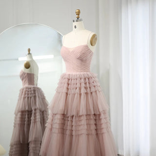 Pink Dreams: Tiered Puffy Evening Dresses with a 2024 Twist, Featuring Sexy Spaghetti Straps and a Lace-Up Back – Ideal for Long Women's Wedding Party Gowns.