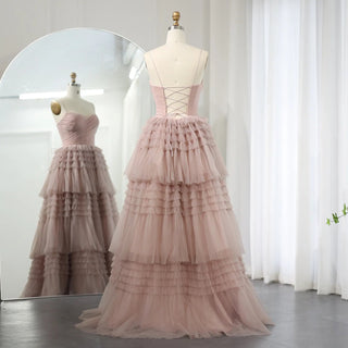 Pink Dreams: Tiered Puffy Evening Dresses with a 2024 Twist, Featuring Sexy Spaghetti Straps and a Lace-Up Back – Ideal for Long Women's Wedding Party Gowns.