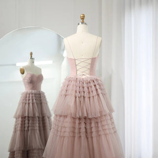 Pink Dreams: Tiered Puffy Evening Dresses with a 2024 Twist, Featuring Sexy Spaghetti Straps and a Lace-Up Back – Ideal for Long Women's Wedding Party Gowns.