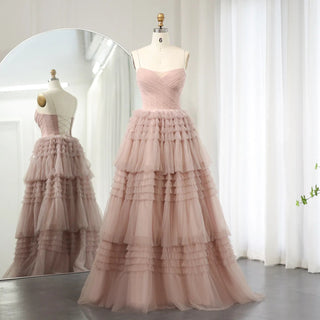 Pink Dreams: Tiered Puffy Evening Dresses with a 2024 Twist, Featuring Sexy Spaghetti Straps and a Lace-Up Back – Ideal for Long Women's Wedding Party Gowns.