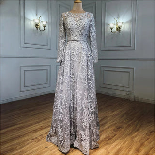 Muslim Grey A-Line Evening Dresses Gowns 2024 Lace Beaded Luxury For Woman Wedding Party