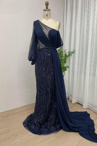 Ships in 1 to 3 Days - Blue Elegance: 2024 Beaded Mermaid Evening Dress with Long Elegant Design - Arabic Inspired