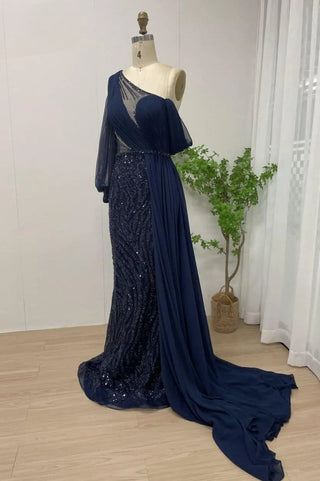 Ships in 1 to 3 Days - Blue Elegance: 2024 Beaded Mermaid Evening Dress with Long Elegant Design - Arabic Inspired