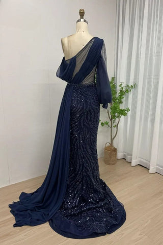 Ships in 1 to 3 Days - Blue Elegance: 2024 Beaded Mermaid Evening Dress with Long Elegant Design - Arabic Inspired