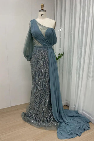 Ships in 1 to 3 Days - Blue Elegance: 2024 Beaded Mermaid Evening Dress with Long Elegant Design - Arabic Inspired