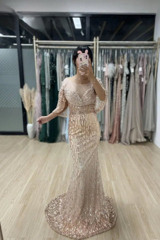 Ships in 1 to 3 Days -Gold Luxury Beaded Mermaid Gown with Cape Sleeves – Elegant Scoop Neck Evening Dress for Mother of the Bride 2024