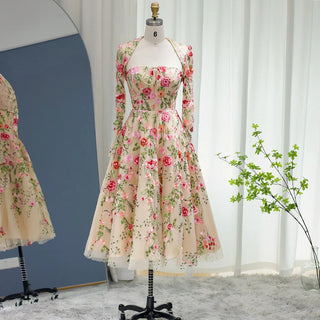 Blossom Affair: Garden Embroidery Short Evening Dress with Jacket - Ankle-Length Midi Elegance for Wedding Guests and Formal Parties.