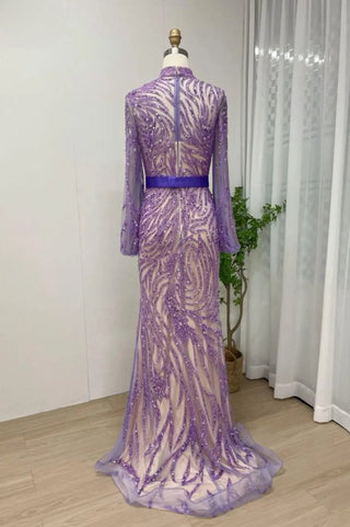 Ships in 1 to 3 Days - Luxury Lilac Dubai Mermaid Evening Dress: Elegant Long Sleeve Muslim Formal Dress for Women's Wedding Party